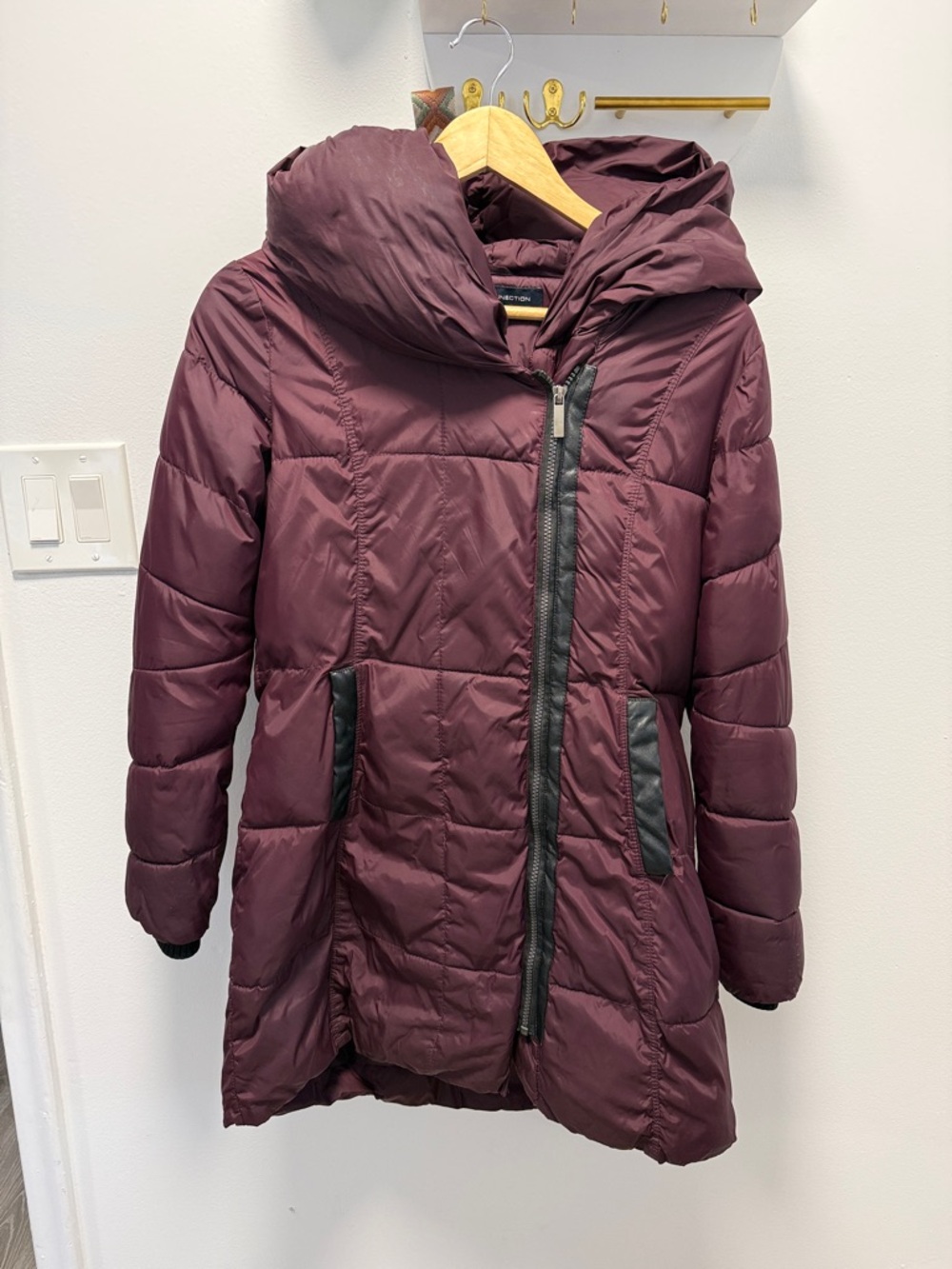 French Connection Quilted Hooded Puffer in Plum